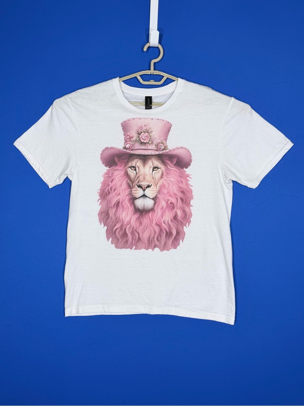 🦁 Pink Lion Floral Top Hat Rhinestone Bling Graphic Tee Size M